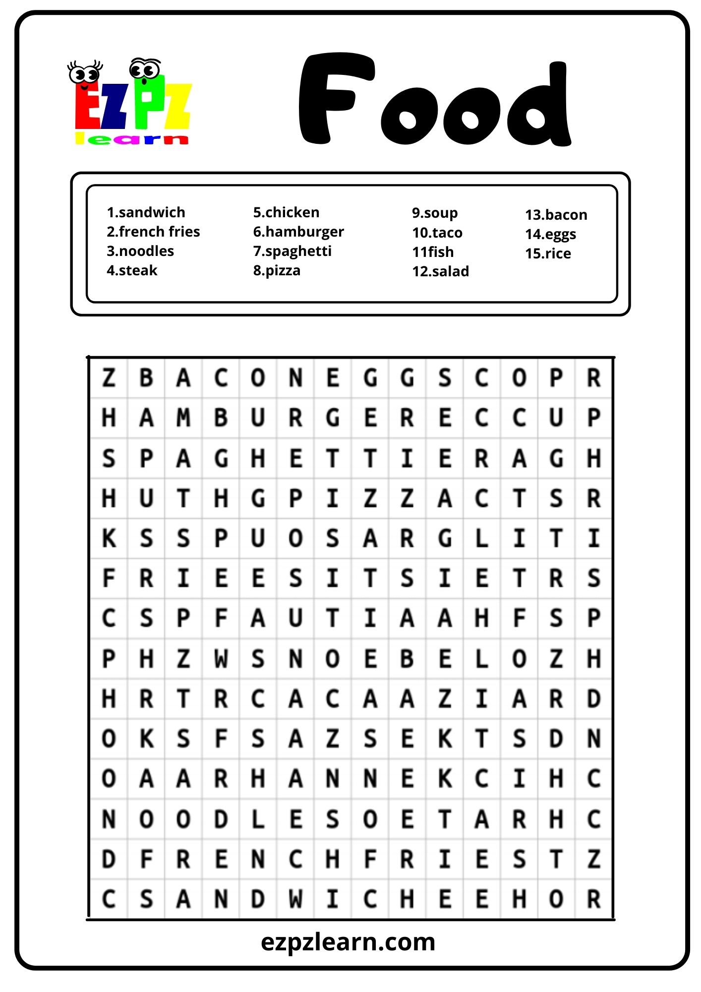 Food Word Search For Kids